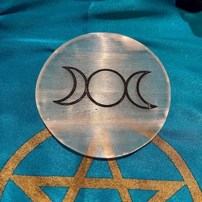3 inch selenite altar tile with Triple Moon