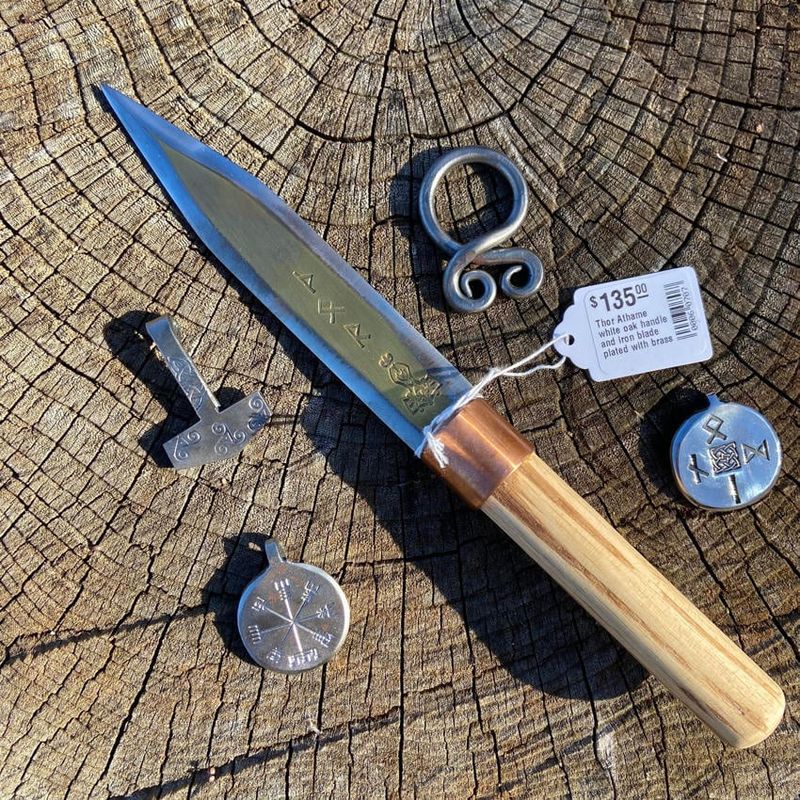 Thor Mjolnir Athame white oak handle and iron blade plated with brass