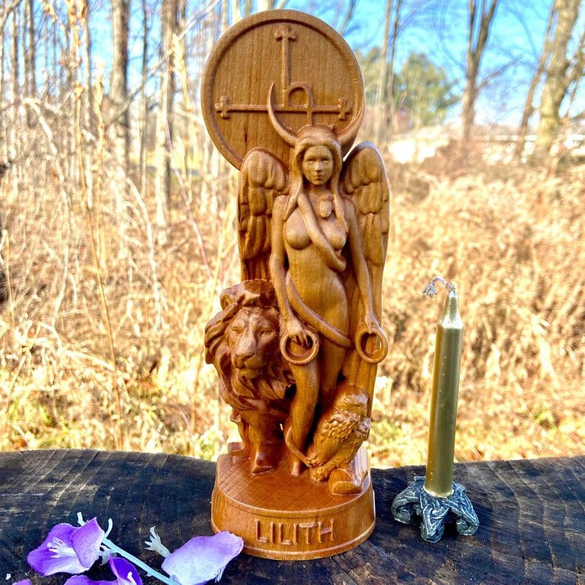 Wooden Lilith with Lion and Owl Statue Hand Carved