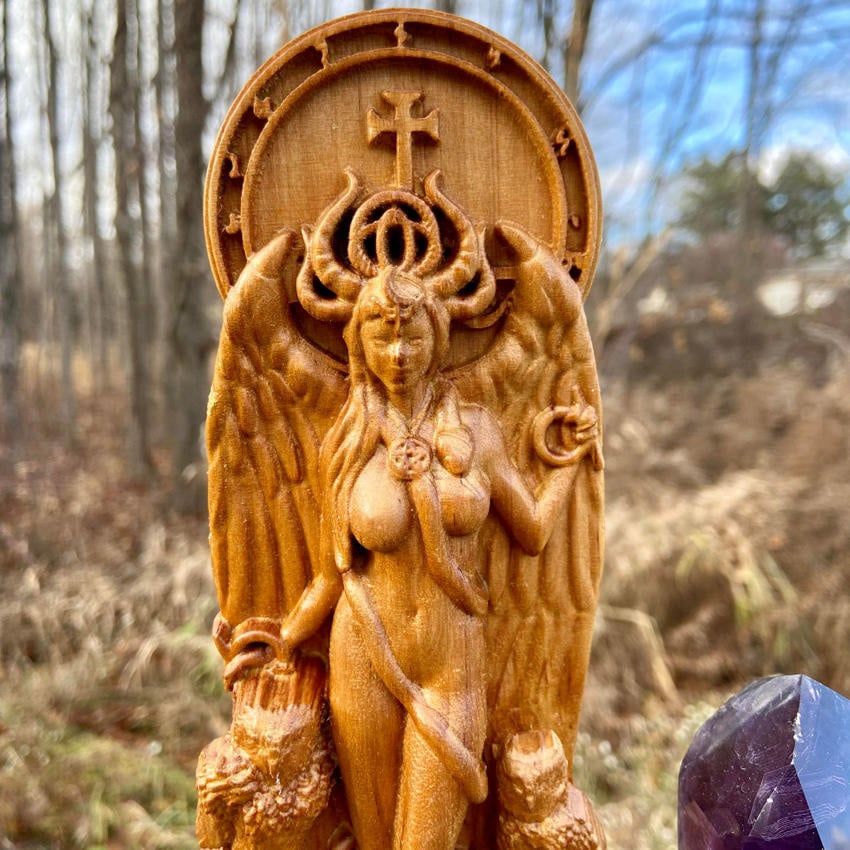 Wooden Lilith with Owls Statue Hand Carved