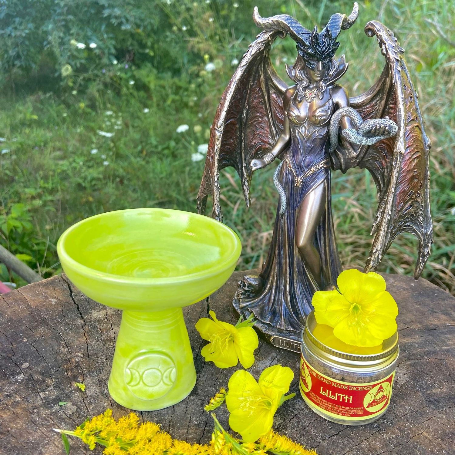 Luna Ignis Ceramic Incense Burner Yellow Green Triple Moon