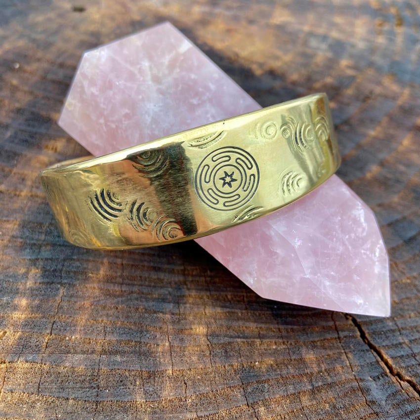 Brass Hecate Wheel amulet Cuff Bracelet with ripples hand crafted