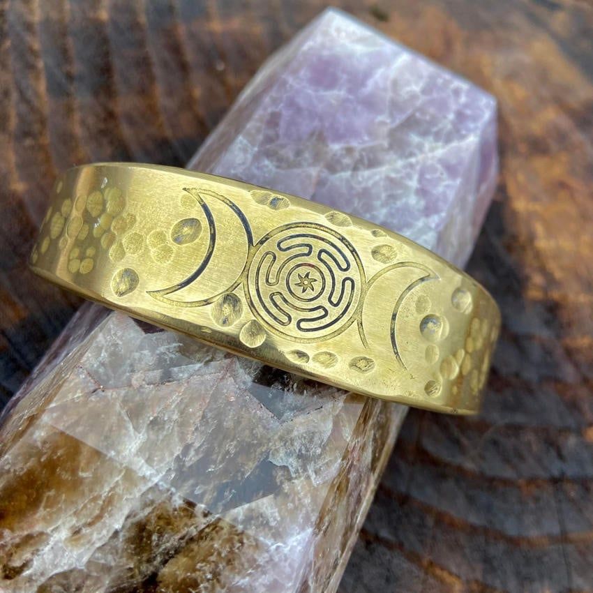 Brass Hecate Wheel Triple Moon amulet Cuff Bracelet with craters hand crafted
