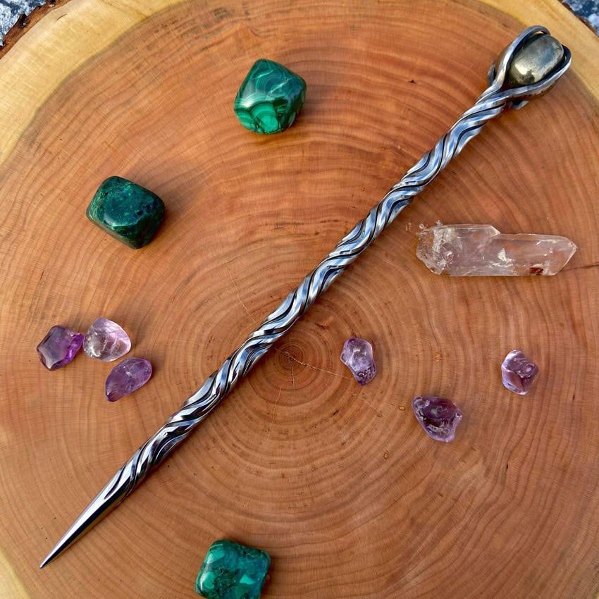 Iron Wand with Pyrite sphere - Vine Twist single groove 9 twists
