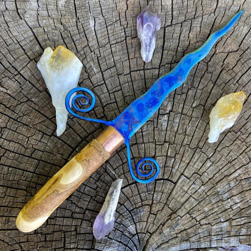 Brigid Iron Athame Colorized with down angled spiral Guard and birch handle