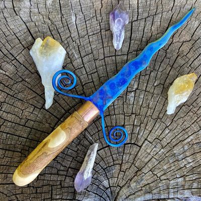Brigid Iron Athame Colorized with down angled spiral Guard and birch handle