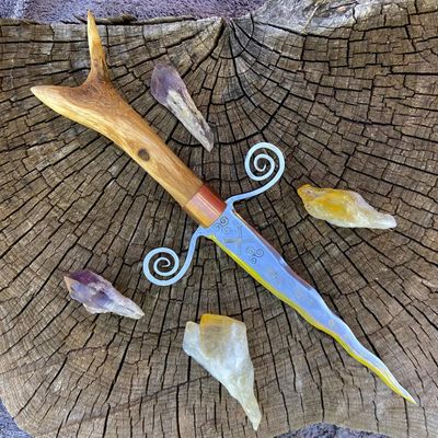 Brigid Iron Athame with Double Triskelion and scrolled Guard and red oak handle