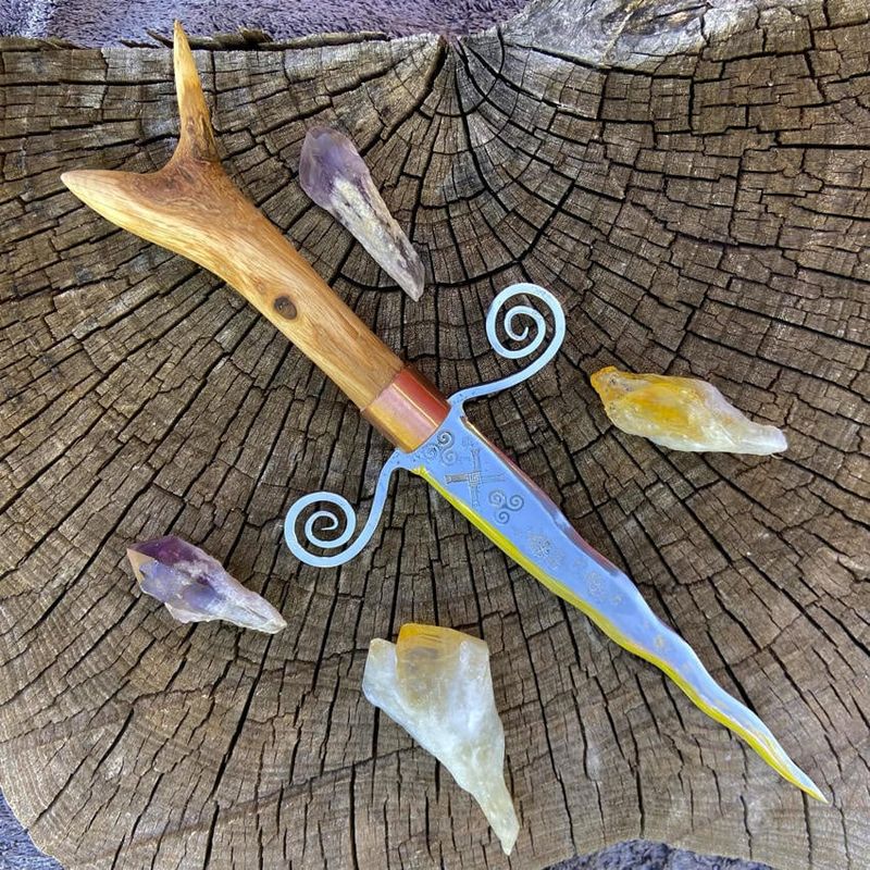Brigid Iron Athame with Double Triskelion and scrolled Guard and red oak handle