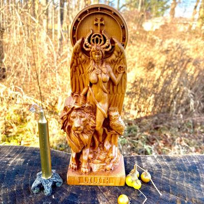Wooden Lilith with Lion and Perched Owl Statue Hand Carved