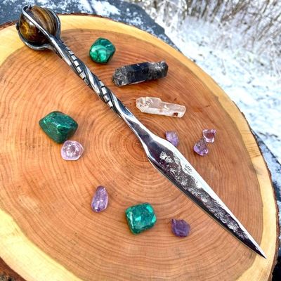 Luna Ignis Crystal Sphere Athame with Tiger Eye And  staircase twist  Handle
