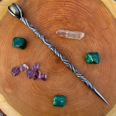 Iron Wand with Pyrite sphere - Vine Twist double groove 8 twists