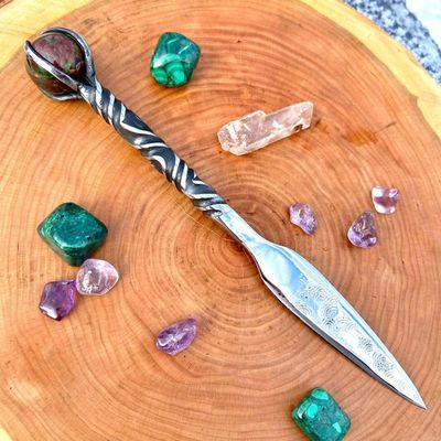 Luna Ignis Crystal Sphere Athame with Bloodstone And Quadruple Twist Handle