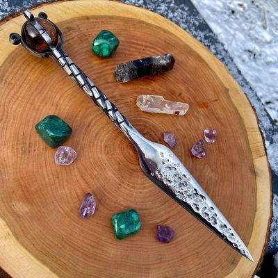 Luna Ignis Crystal Sphere Athame with Tiger Eye And  dragon scale twist  Handle