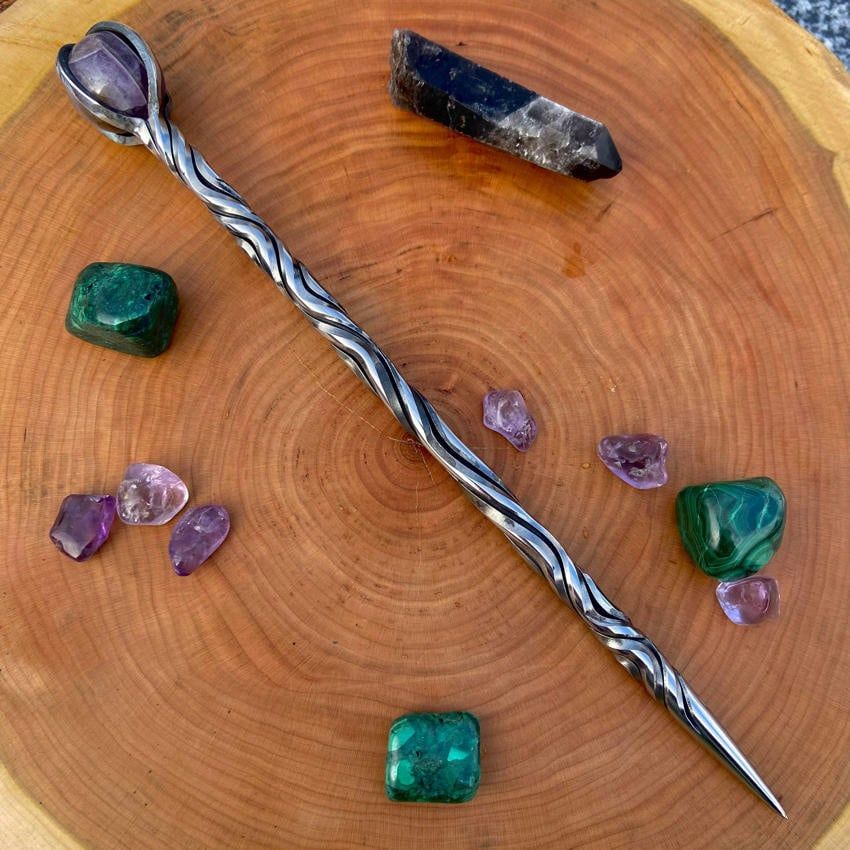 Iron Wand with Amethyst sphere - Vine Twist single groove 8 twists