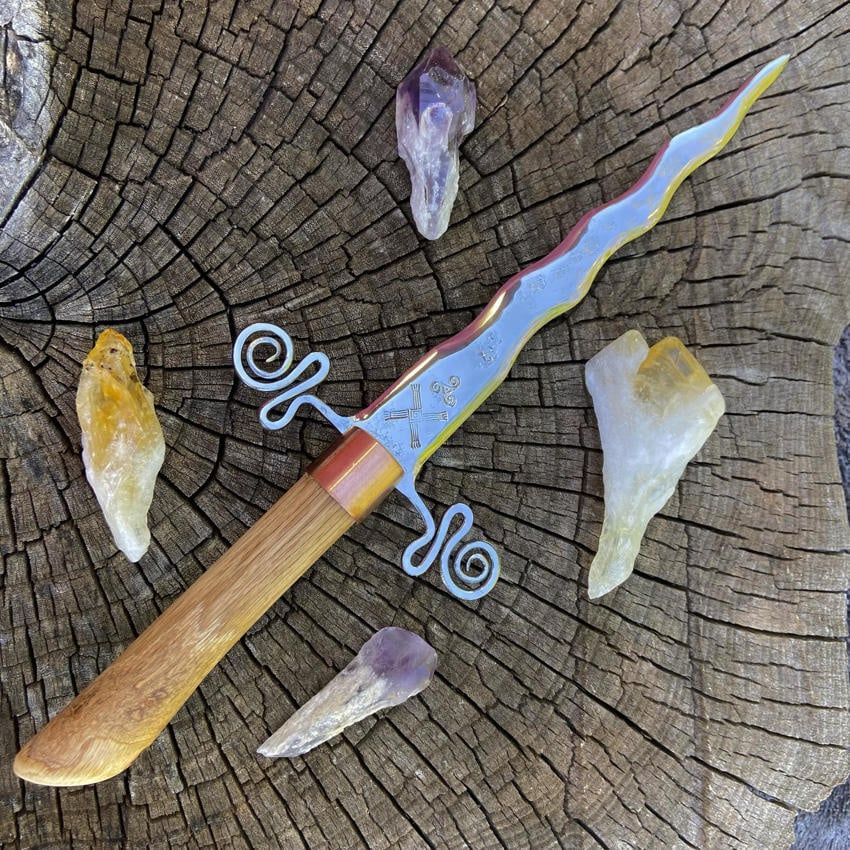 Brigid Iron Athame with Triskelion and scrolled Guard and red oak handle