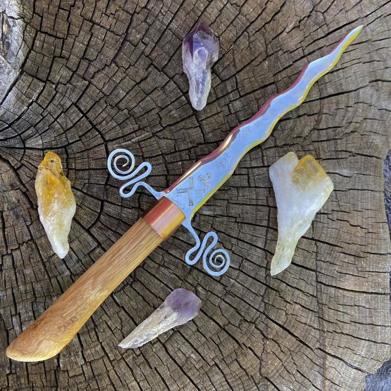 Brigid Iron Athame with Triskelion and scrolled Guard and red oak handle