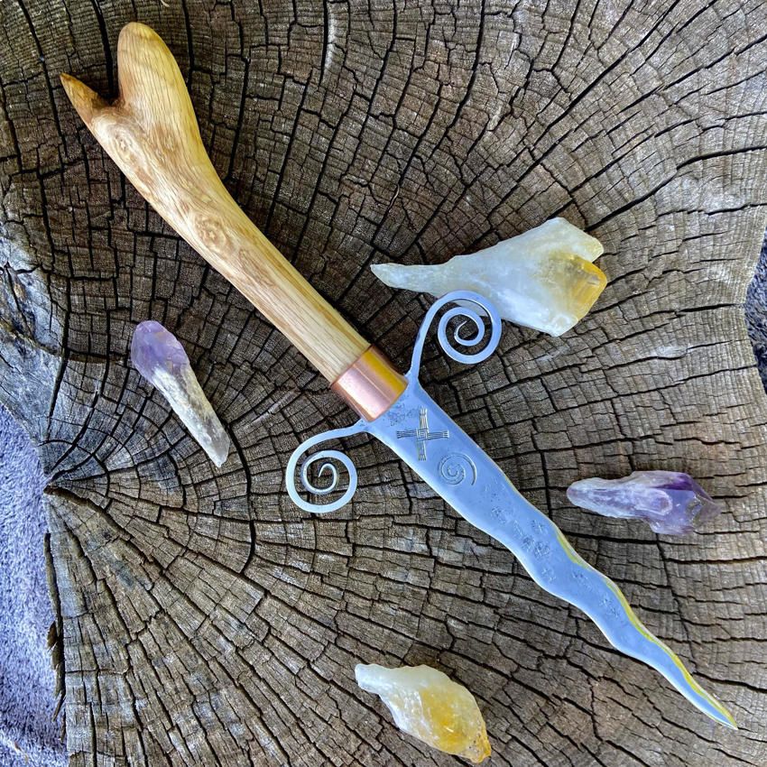 Brigid Iron Athame with  neolithic spiral and spiral Guard and red oak handle