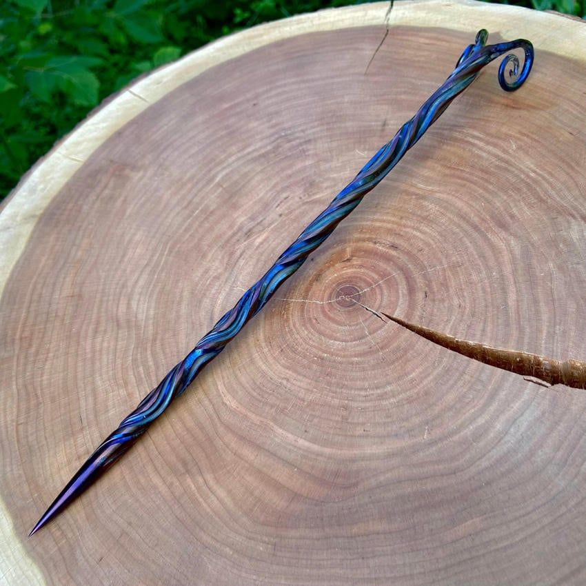 Artisan Iron Wand with Ram&#39;s Horns Iridescent