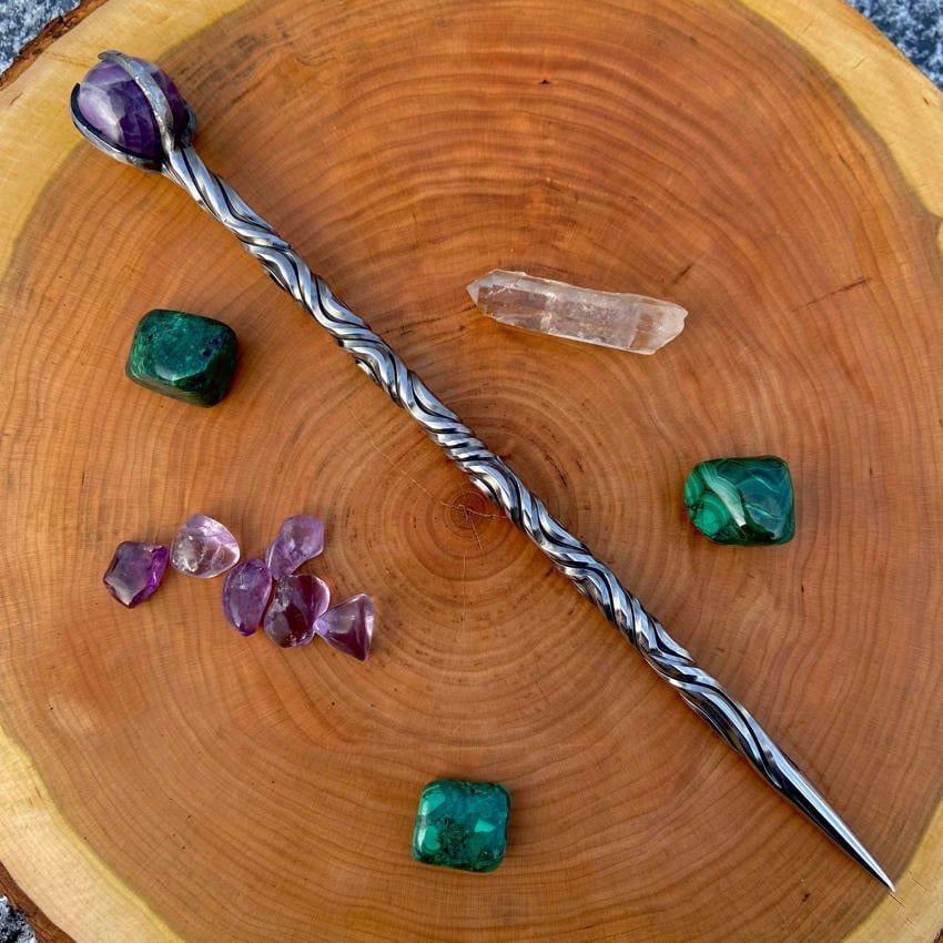 Iron Wand with Amethyst sphere - Vine Twist single groove 9 twists with double rope twist