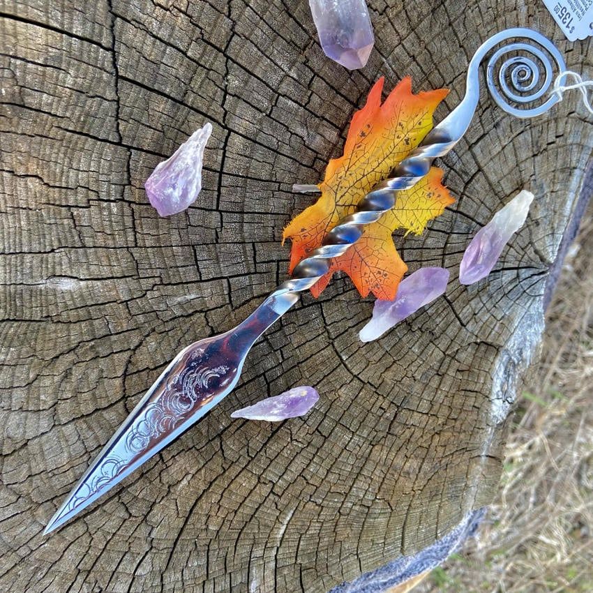 Iron Athame with Neolithic Spiral Pommel Colorized Handle