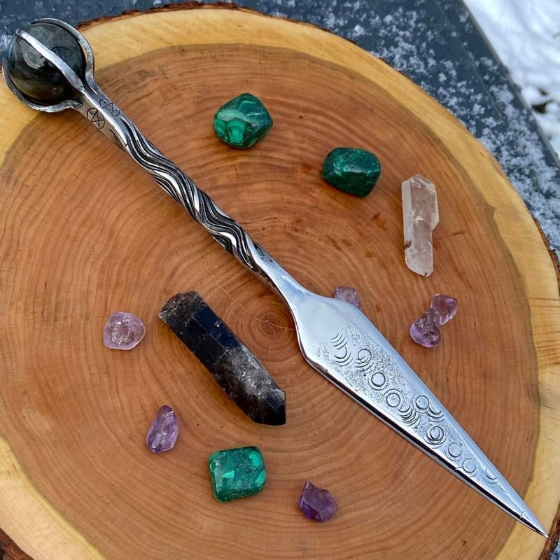 Luna Ignis Crystal Sphere Athame with Labradorite triple vine twist pentacle Handle