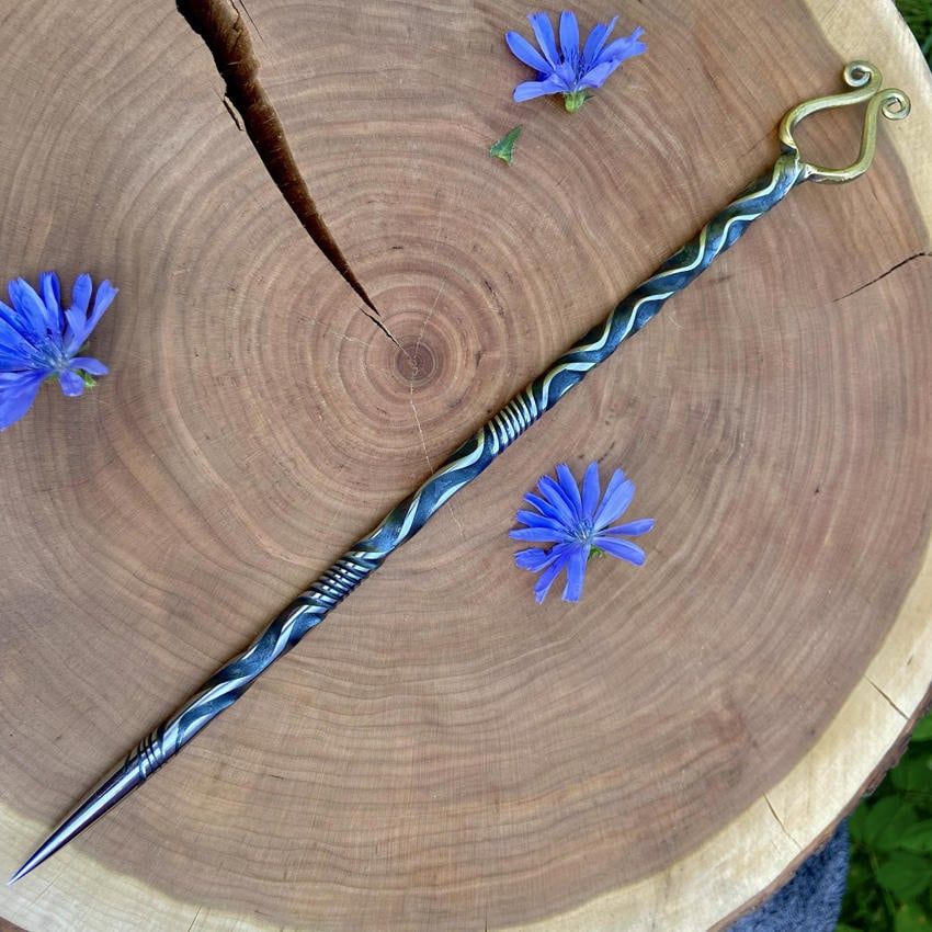 Artisan Iron Wand with Celtic Stang Brass Plated