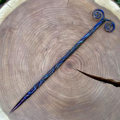 Artisan Iron Wand with Neolithic Spirals Iridescent