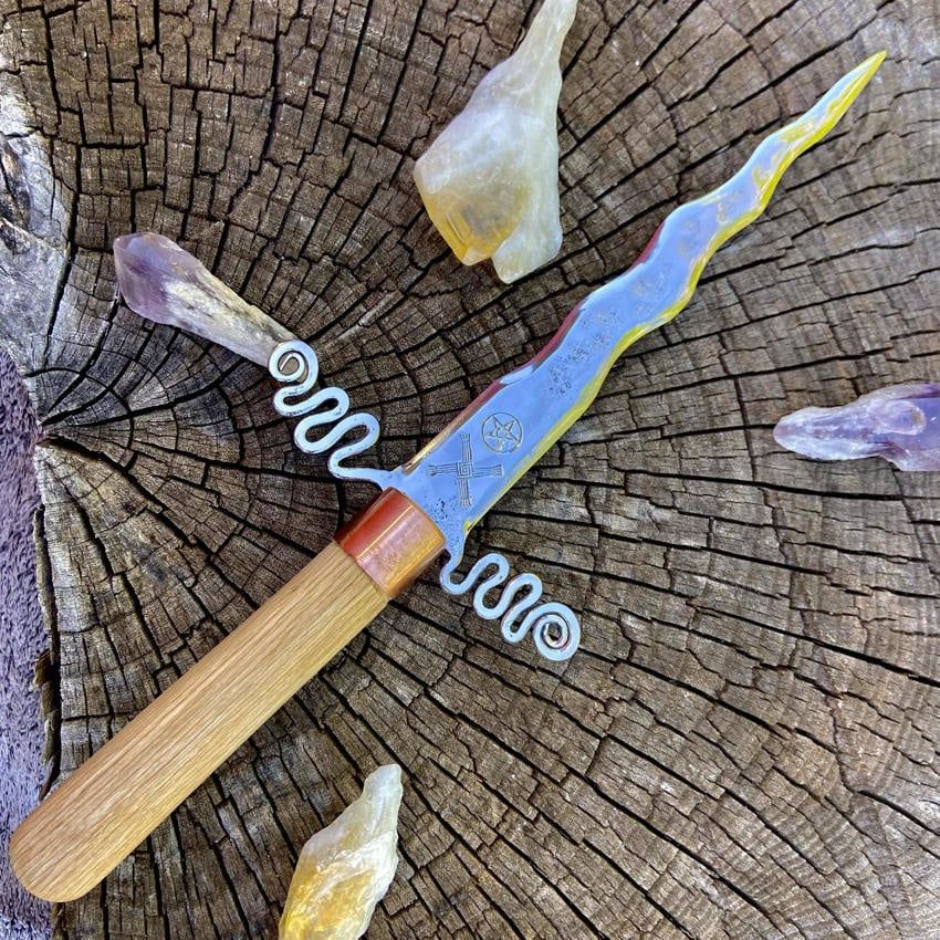 Brigid Iron Athame with pentacle and scrolled Guard and red oak handle