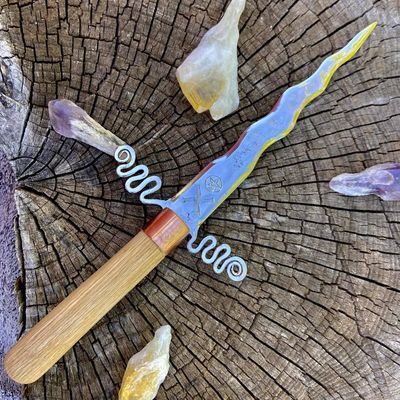 Brigid Iron Athame with pentacle and scrolled Guard and red oak handle