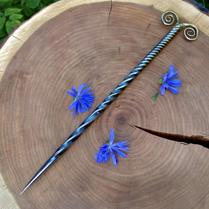 Artisan Iron Wand with Neolithic Spirals Brass Plated