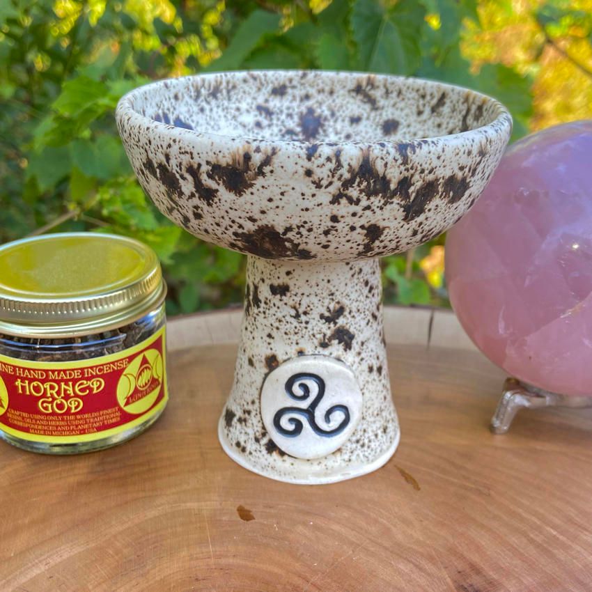 Luna Ignis Ceramic Incense Burner Cream and Brown Triskelion