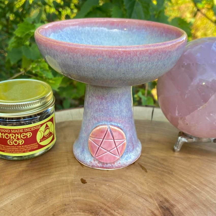 Luna Ignis Ceramic Incense Burner Salmon and Purple Pentacle