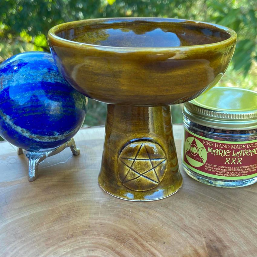 Luna Ignis Ceramic Incense Burner Tiger&#39;s Eye Brown Pentacle