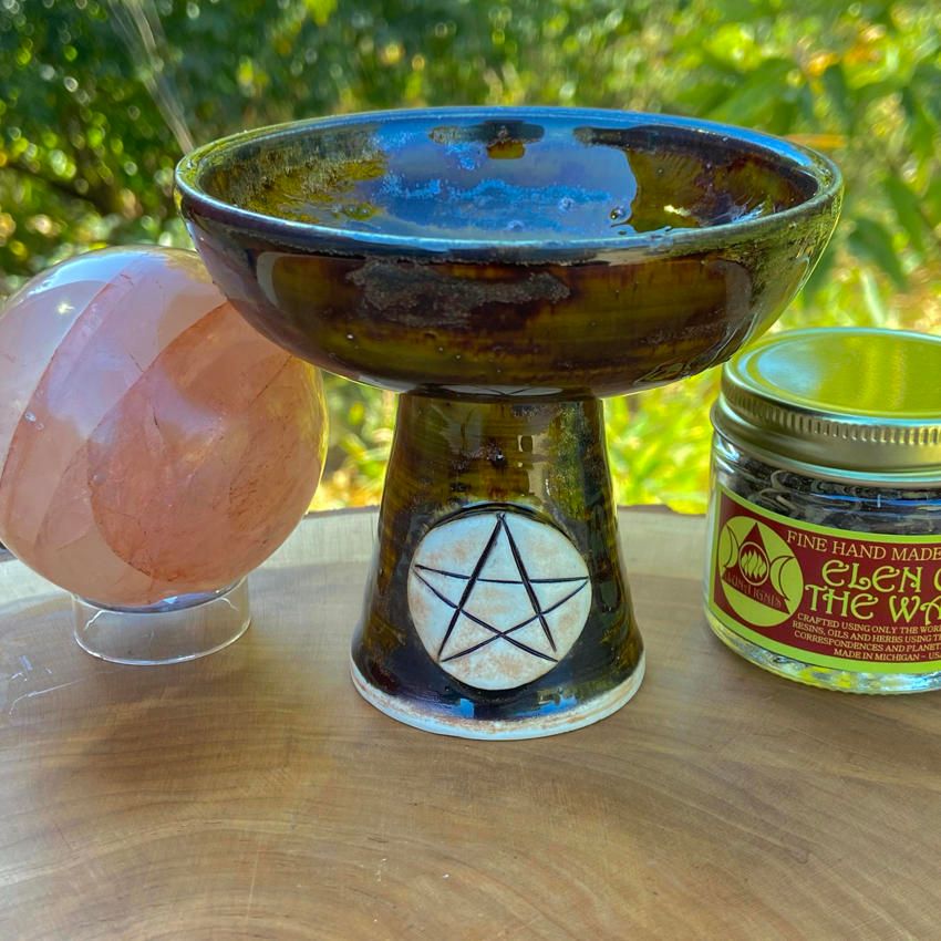 Luna Ignis Ceramic Incense Burner Brown and Gold Pentacle