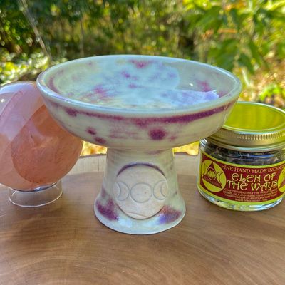 Luna Ignis Ceramic Incense Burner Ivory and Maroon with Triple Moon