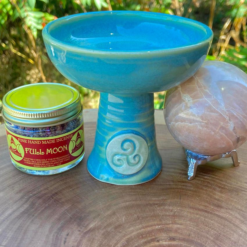 Luna Ignis Ceramic Incense Burner Light Blue and Light Green Triskelion