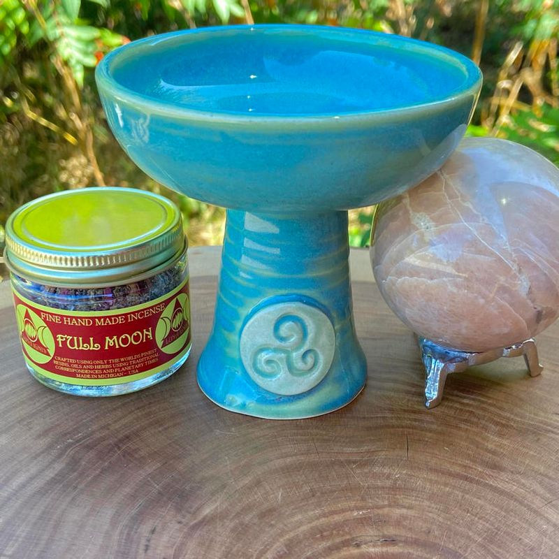 Luna Ignis Ceramic Incense Burner Light Blue and Light Green Triskelion