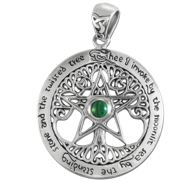 Sterling Silver Extra Large Cut Out Tree Pentacle Pendant with Malachite