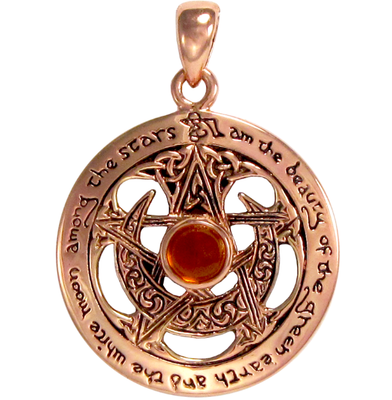 Copper Large Cut Moon Pentacle Pendant with Amber