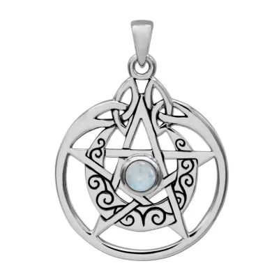 Sterling Silver Crescent Moon Pentacle Circle Pendant with Rainbow Moonstone