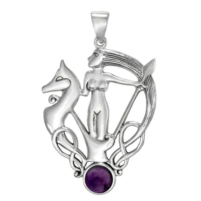 Sterling Silver Morrigan Goddess Pendant with Amethyst