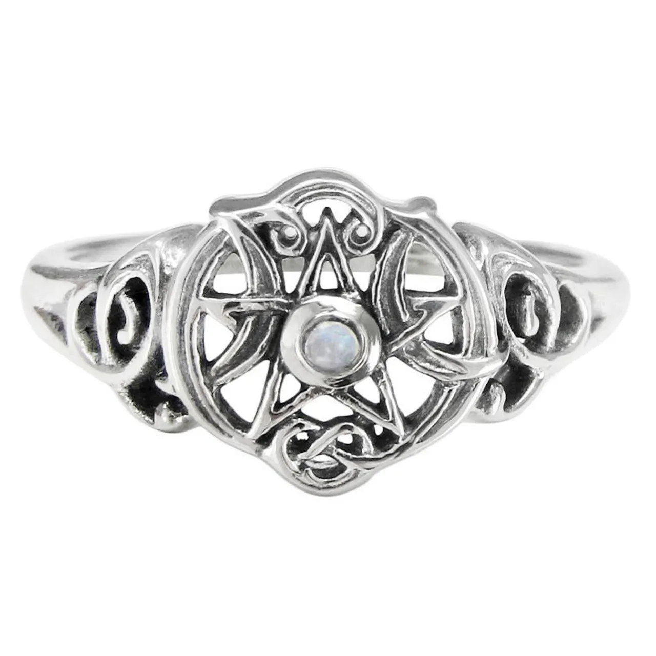 Sterling Silver Heart Pentacle Ring with Rainbow Moonstone