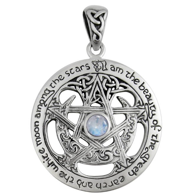 Sterling Silver Large Cut Out Moon Pentacle Pendant with Rainbow Moonstone