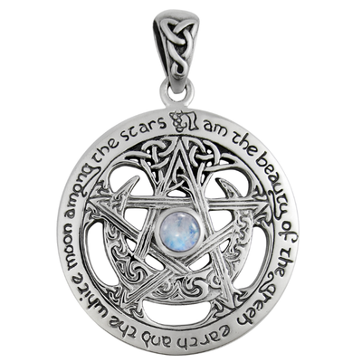 Sterling Silver Large Cut Out Moon Pentacle Pendant with Rainbow Moonstone