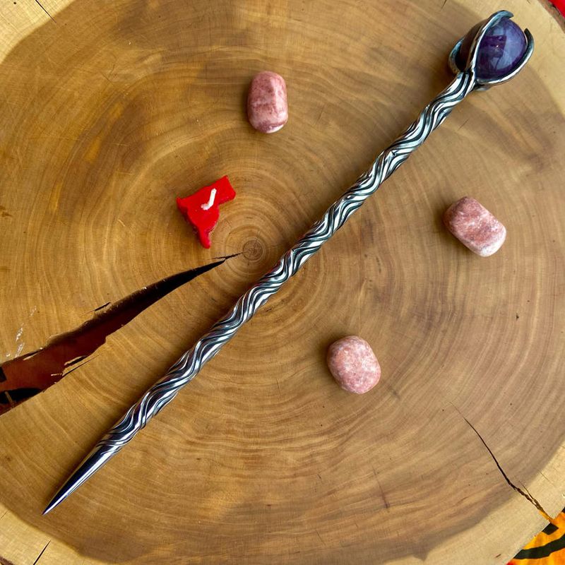 Iron Wand with Amethyst sphere - Vine Twist Double groove