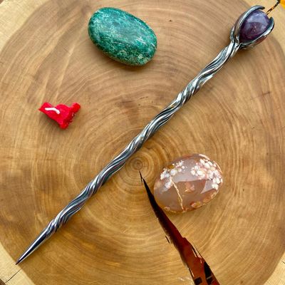 Iron Wand with Amethyst sphere - Gentle Vine Twist