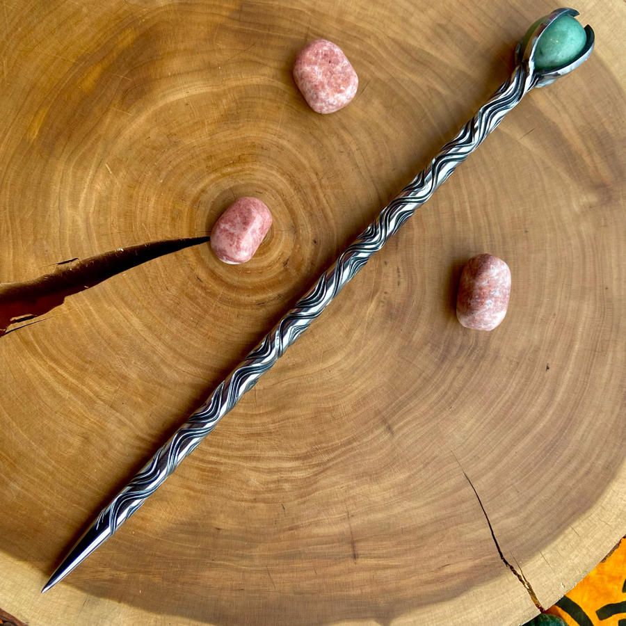 Iron Wand with small aventurine sphere -  Vine Twist