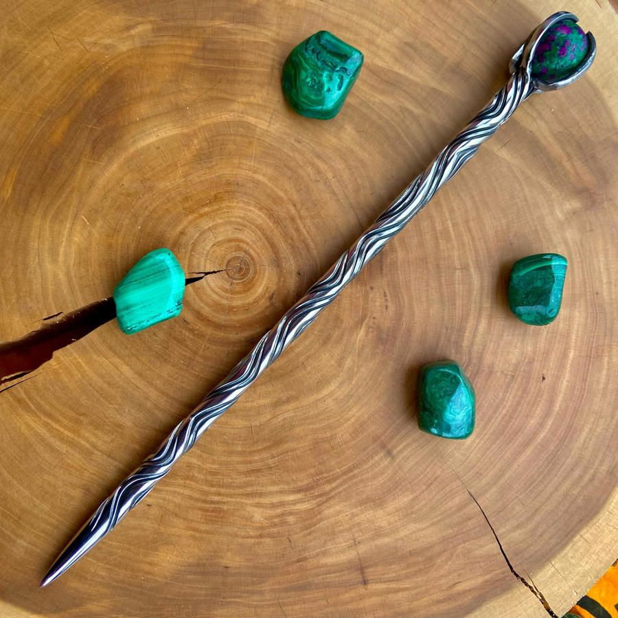 Iron Wand with small Ruby Zoisite sphere -  Vine Twist