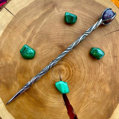 Iron Wand with Amethyst sphere - Vine Twist double groove wave