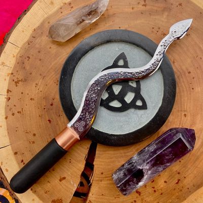 African Ebony and Iron Serpent Athame 12&quot; With Triskelion